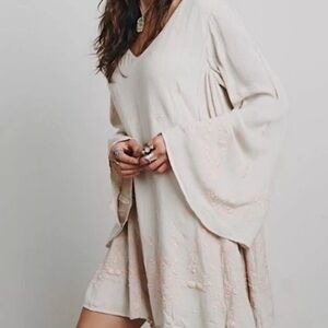 Free People Daylight Dreams Beige Embroidered Swing Boho Festival Mini Dress XS